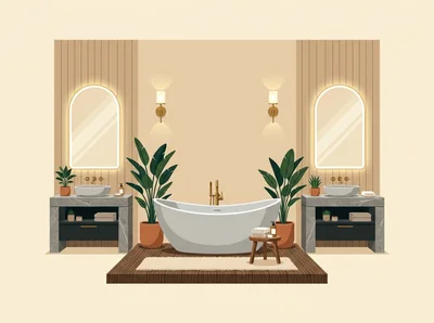 Modern Minimalist Bathroom Interior With Bathtub And Vanities