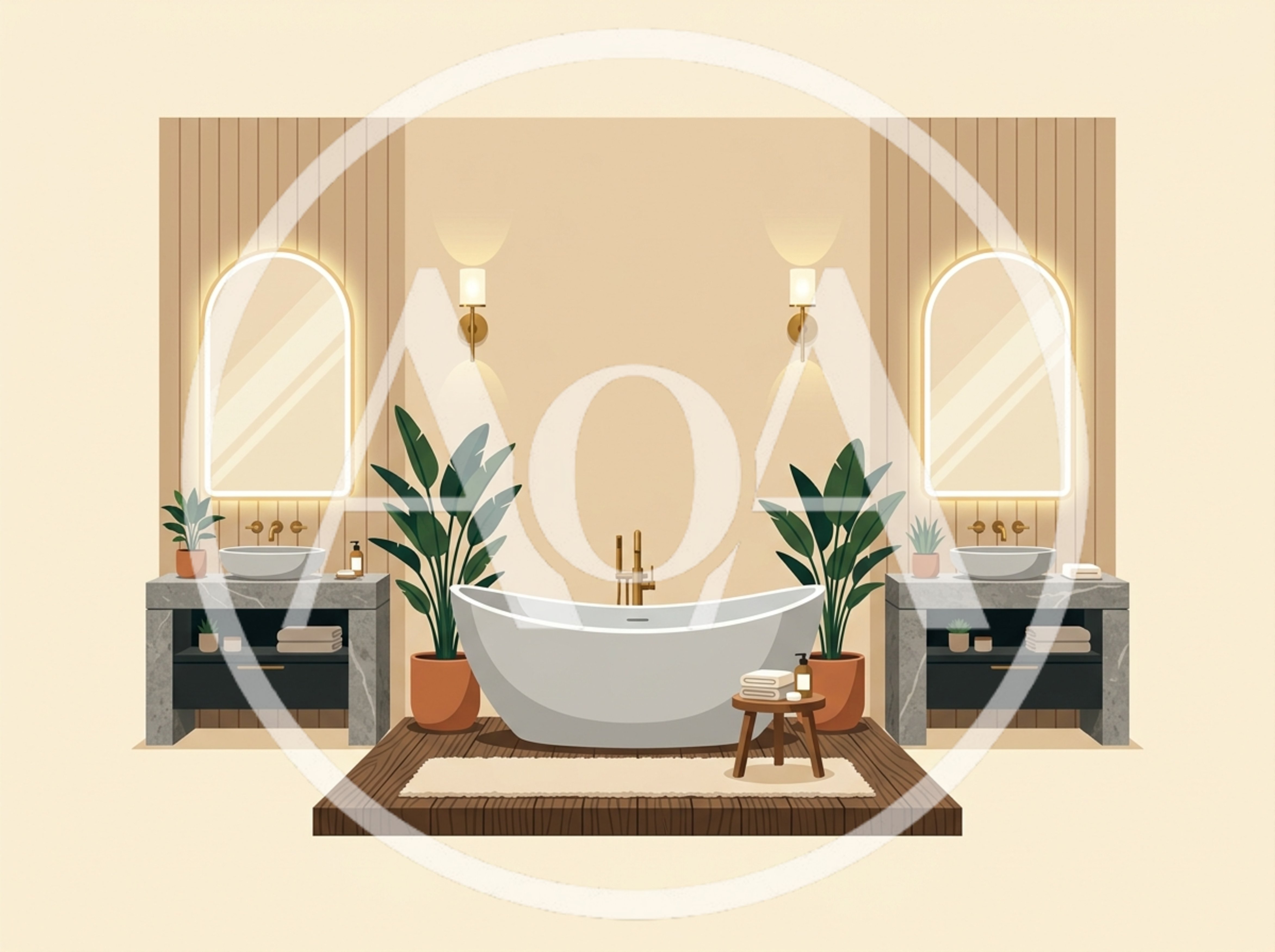 Modern Minimalist Bathroom Interior With Bathtub And Vanities