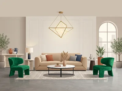 Modern Living Room Interior With Green Accent Chairs