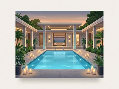 Luxury Modern Villa Courtyard With Illuminated Swimming Pool