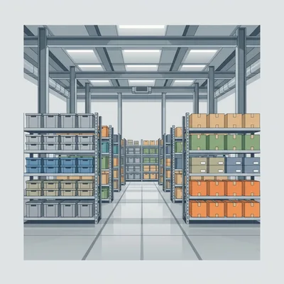 Warehouse Interior With Rows Of Storage Shelving Units
