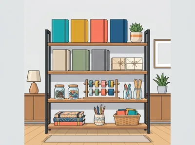 Organized Wooden Bookshelf With Stationery And Office Supplies
