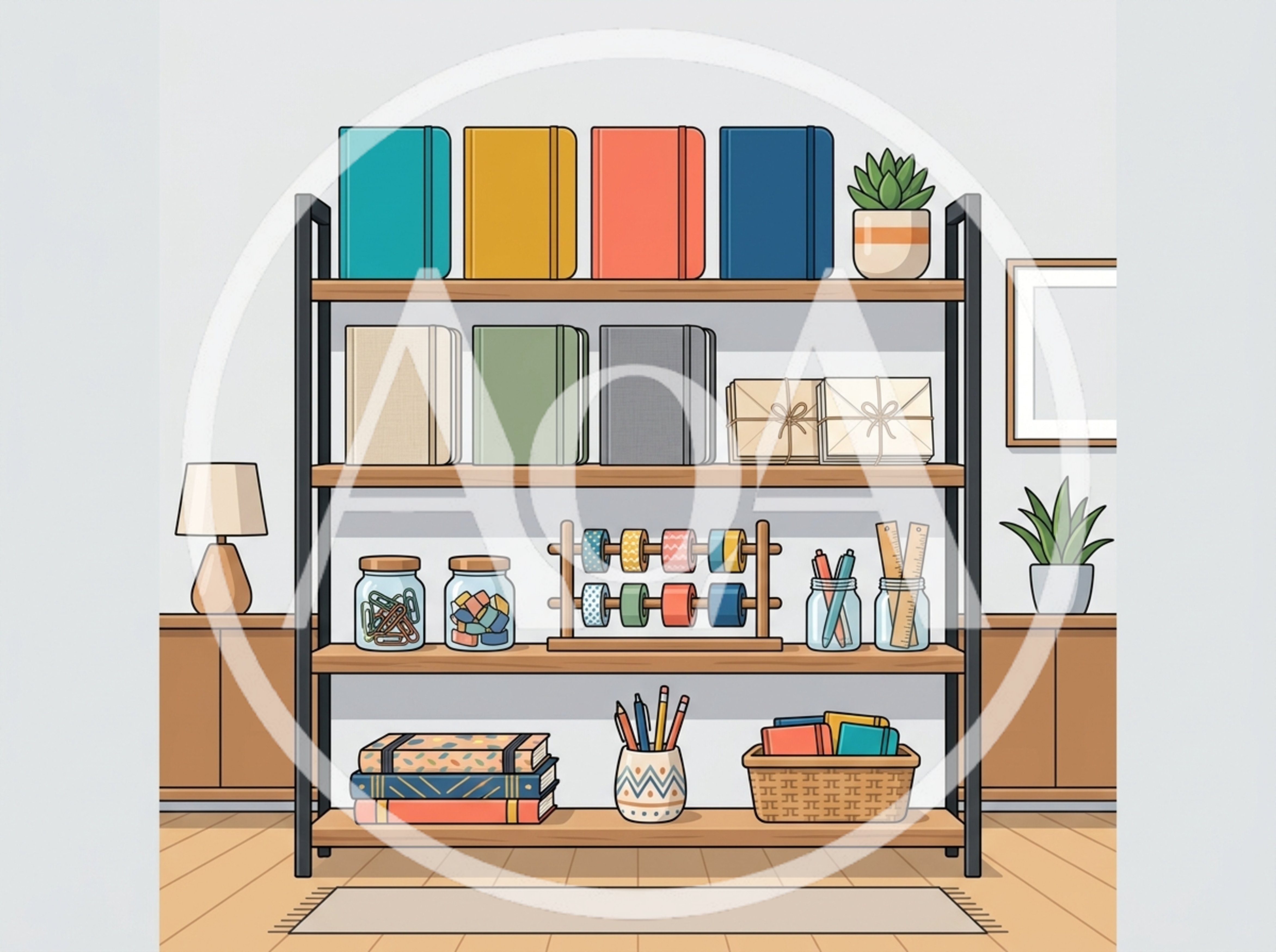 Organized Wooden Bookshelf With Stationery And Office Supplies