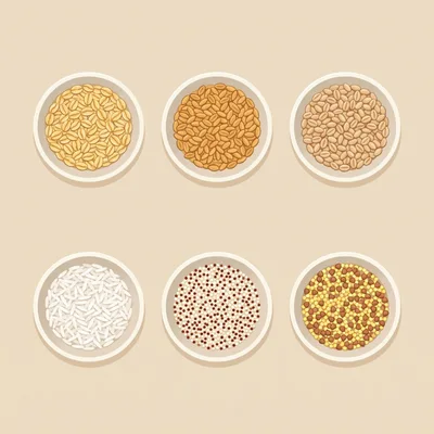 Top View Of Six Bowls With Various Grains