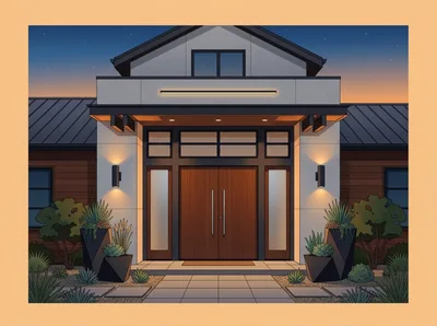 Modern House Exterior With Illuminated Entrance At Dusk