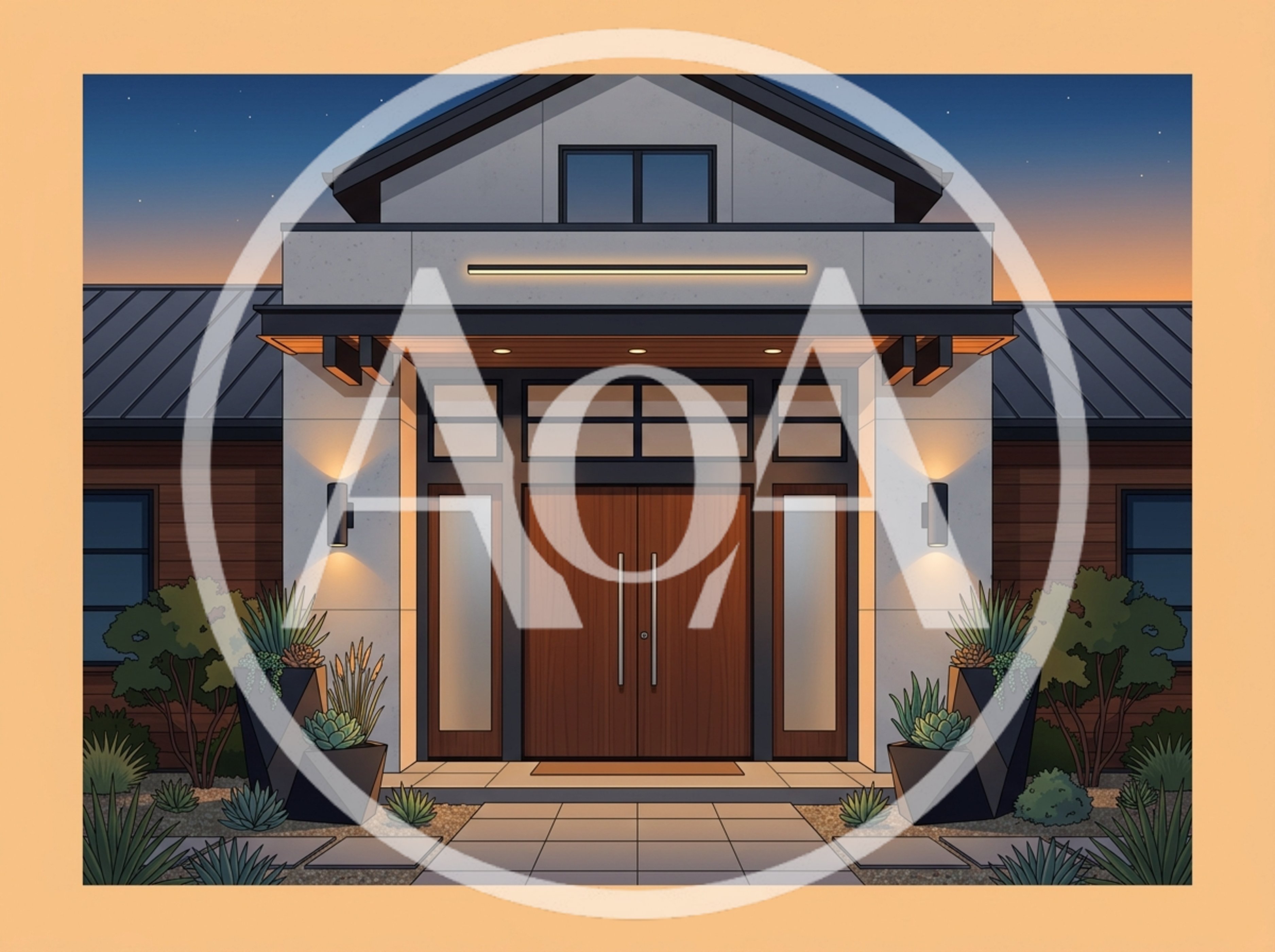 Modern House Exterior With Illuminated Entrance At Dusk