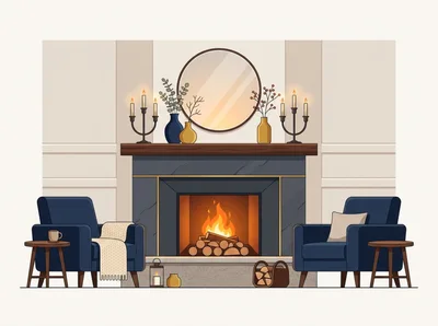 Cozy Living Room Interior With Fireplace And Armchairs