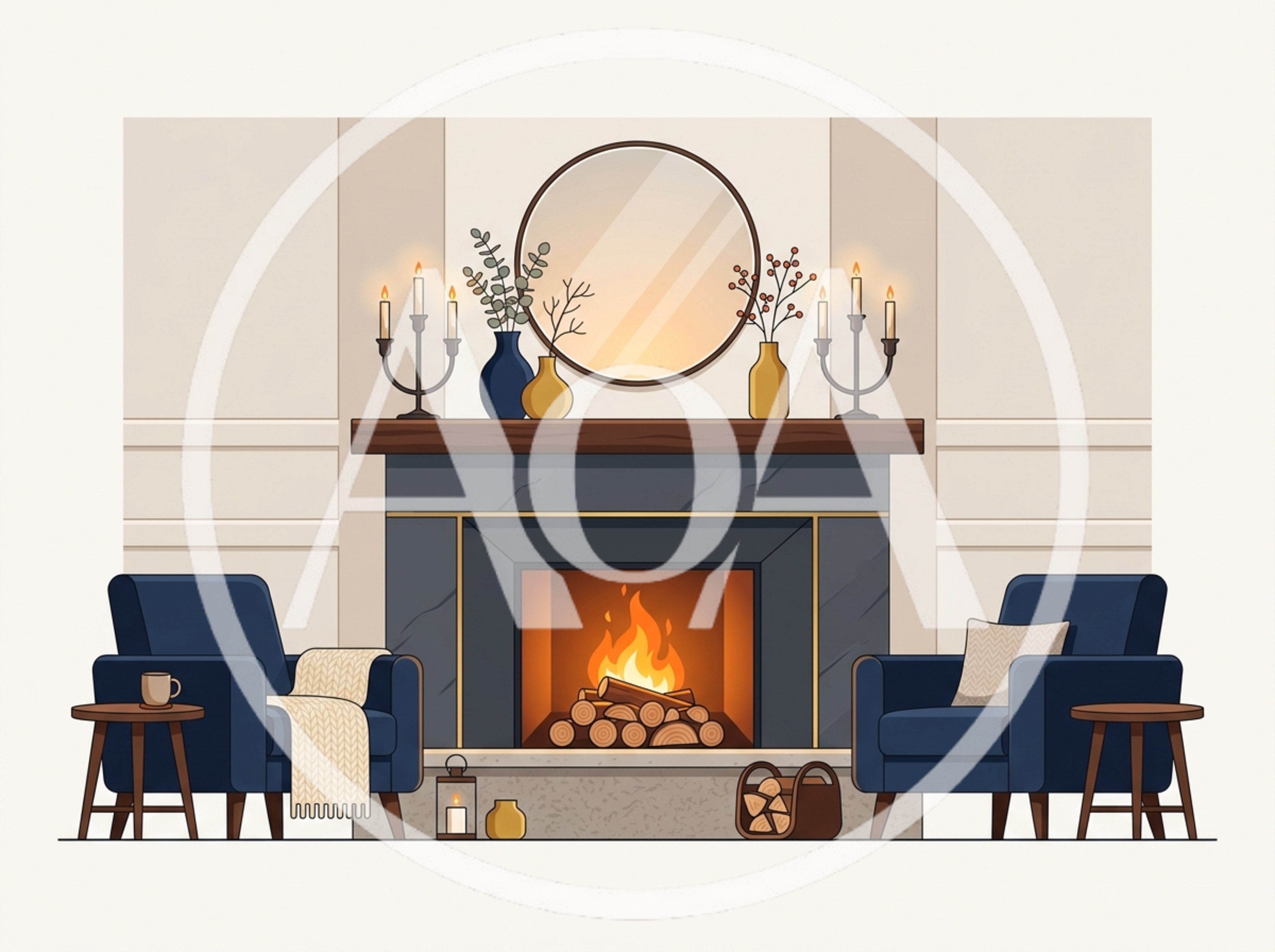 Cozy Living Room Interior With Fireplace And Armchairs