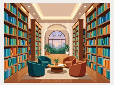 Cozy Library Reading Nook With Armchairs And Bookshelves