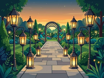 Illuminated Garden Pathway With Decorative Lanterns At Sunset