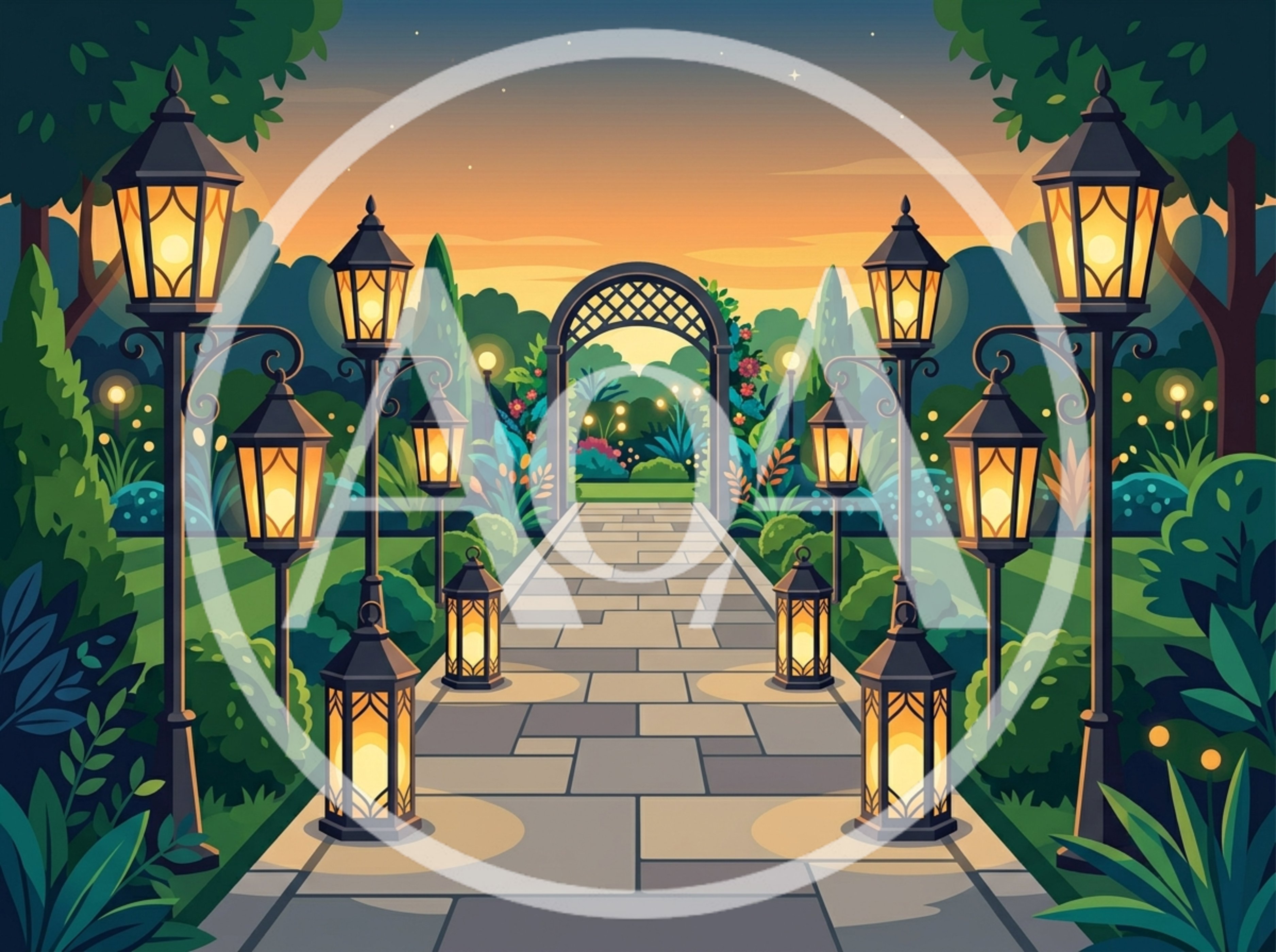 Illuminated Garden Pathway With Decorative Lanterns At Sunset