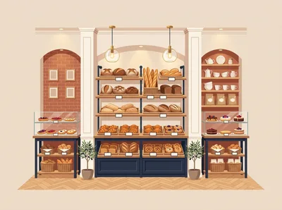 Bakery Interior With Shelves Of Fresh Bread And Pastries