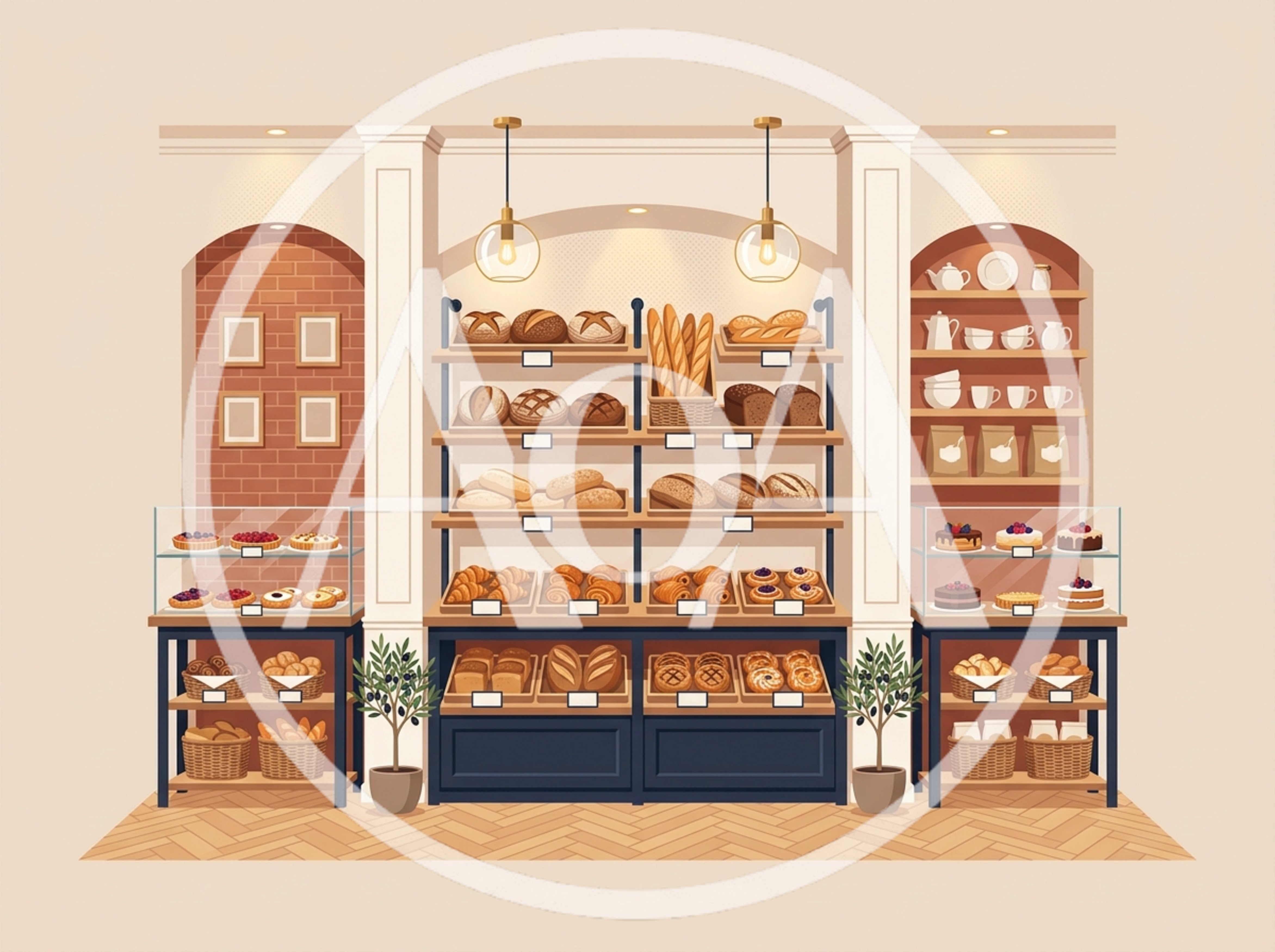 Bakery Interior With Shelves Of Fresh Bread And Pastries