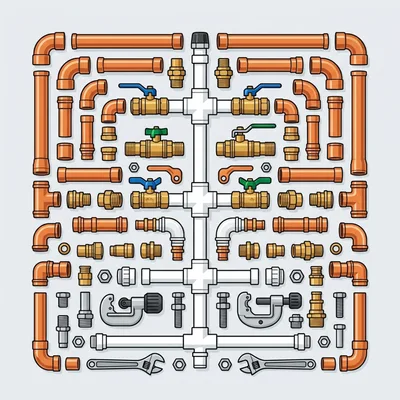 Plumbing Parts and Tools Organized Flat Lay