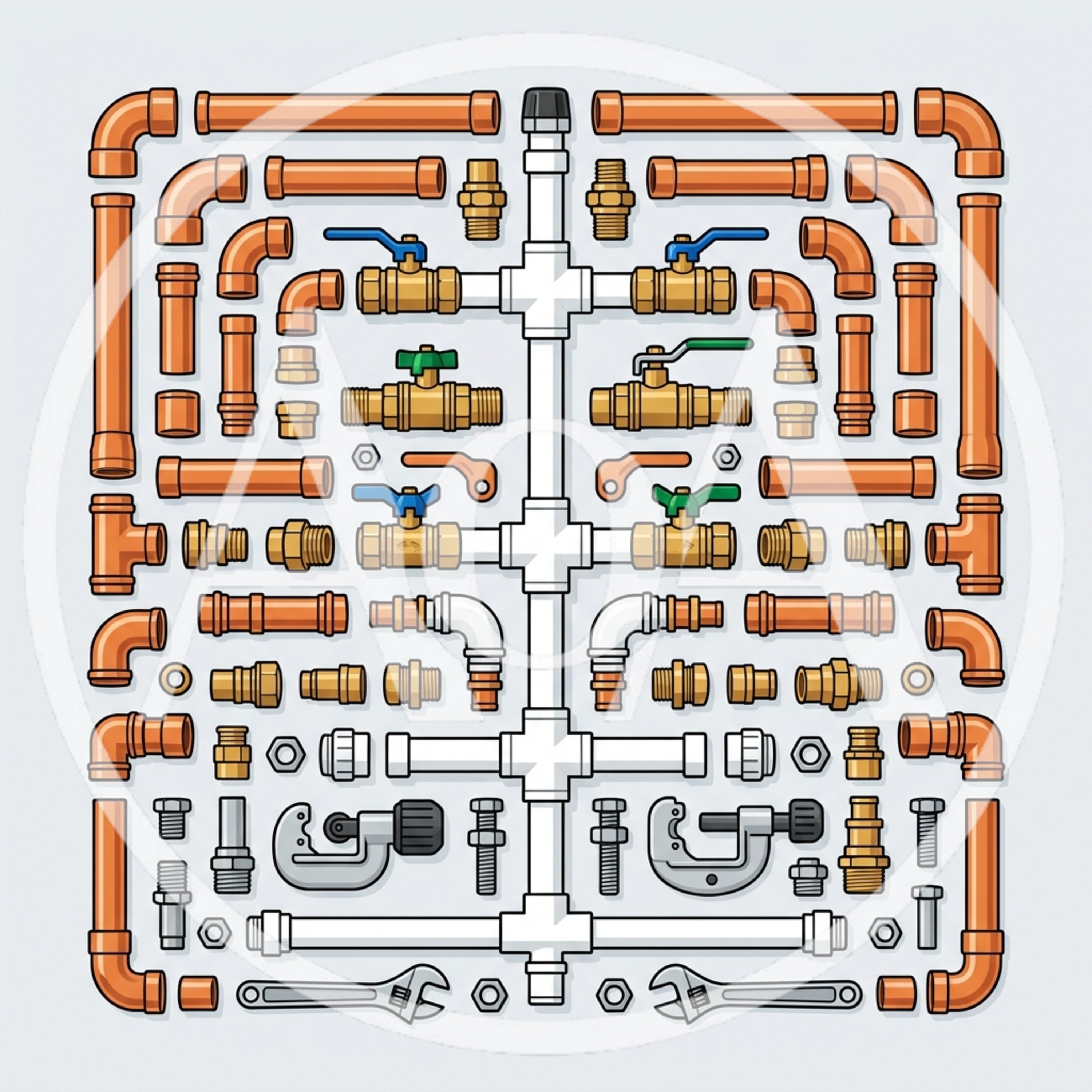 Plumbing Parts and Tools Organized Flat Lay