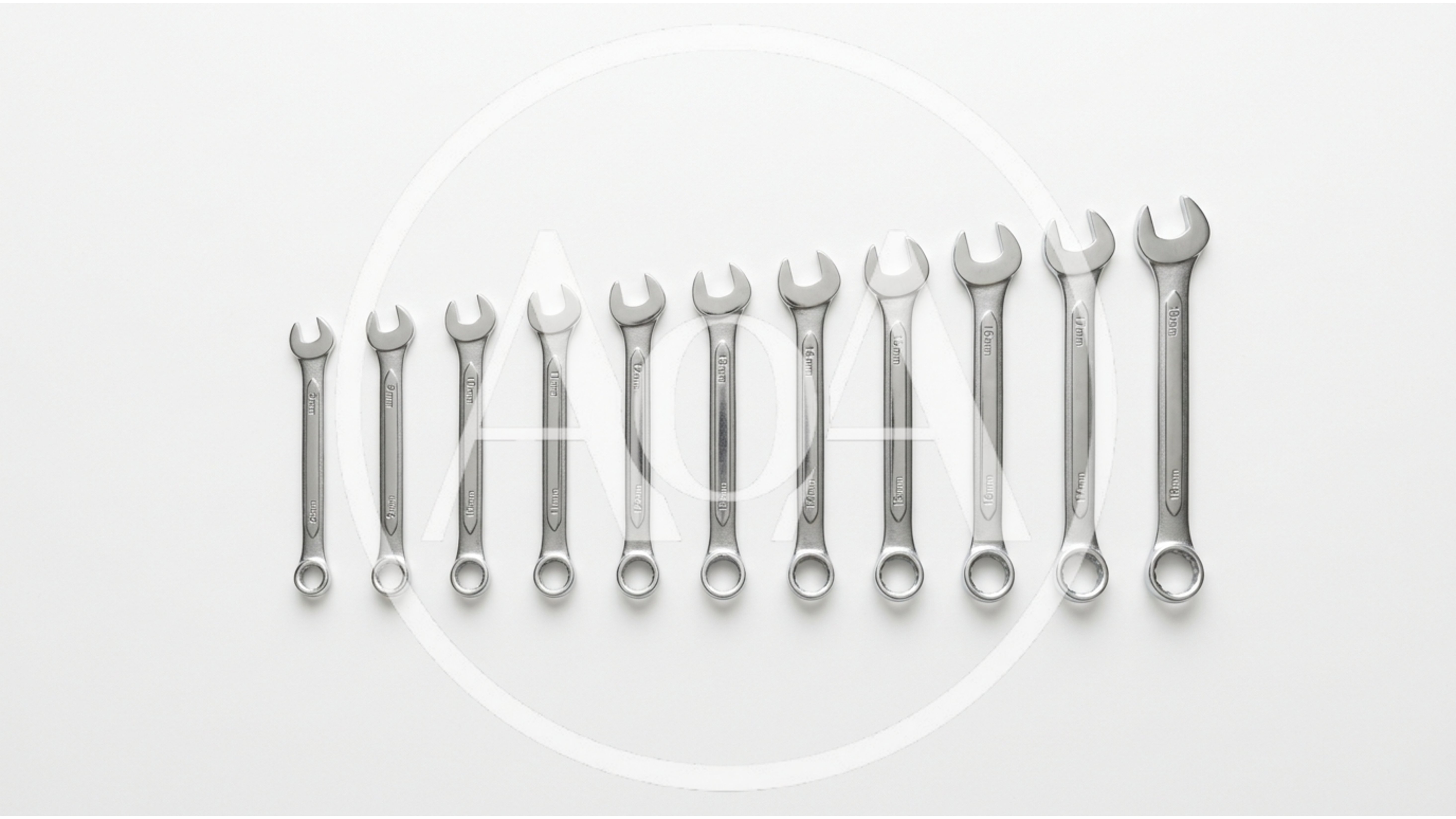 Set Of Eleven Chrome Combination Wrenches In Ascending Order