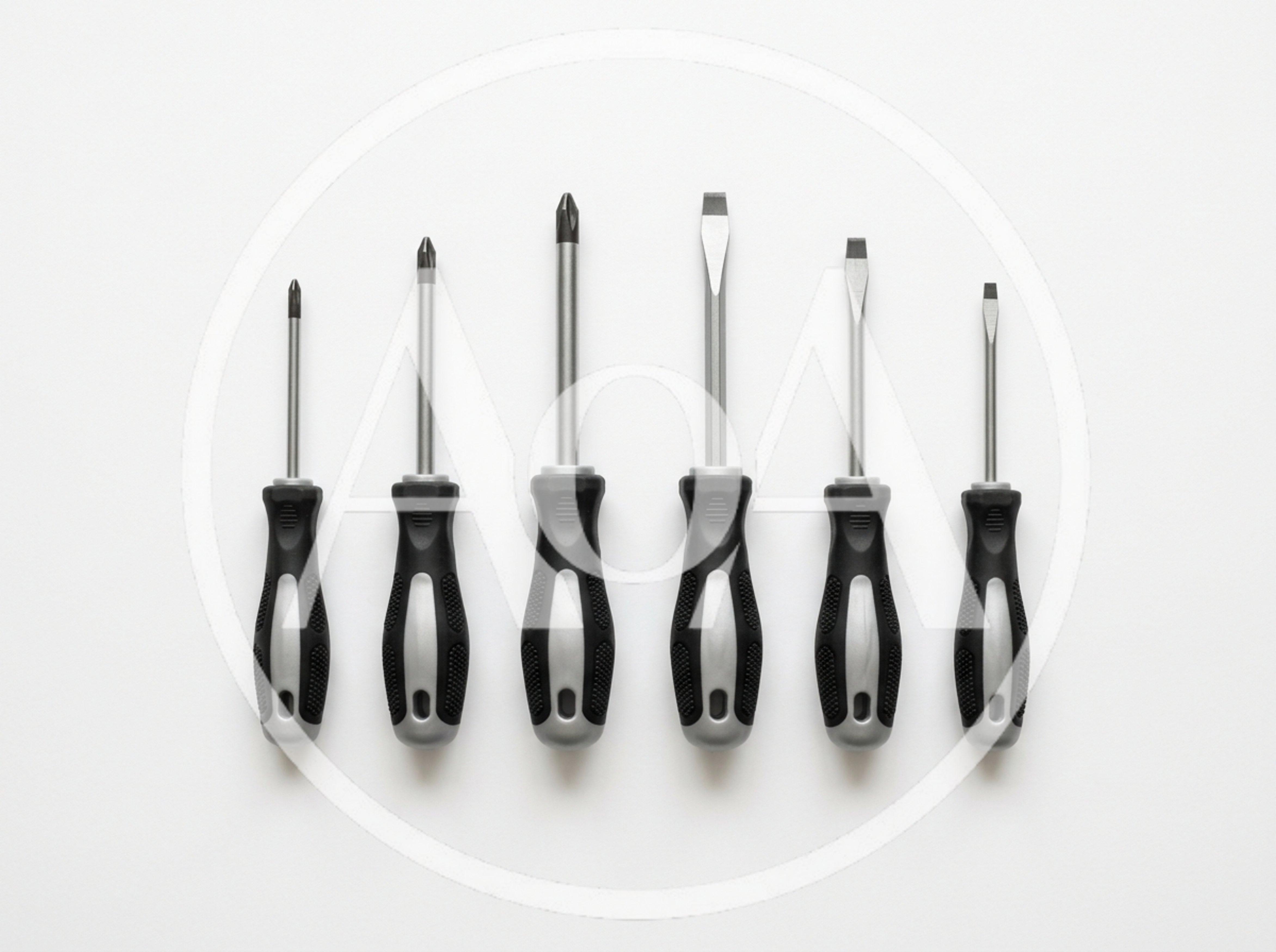 Set Of Six Professional Screwdrivers On White Background
