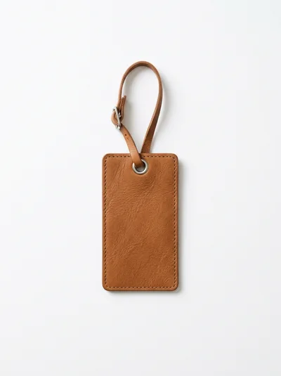 Brown Leather Luggage Tag on White Background