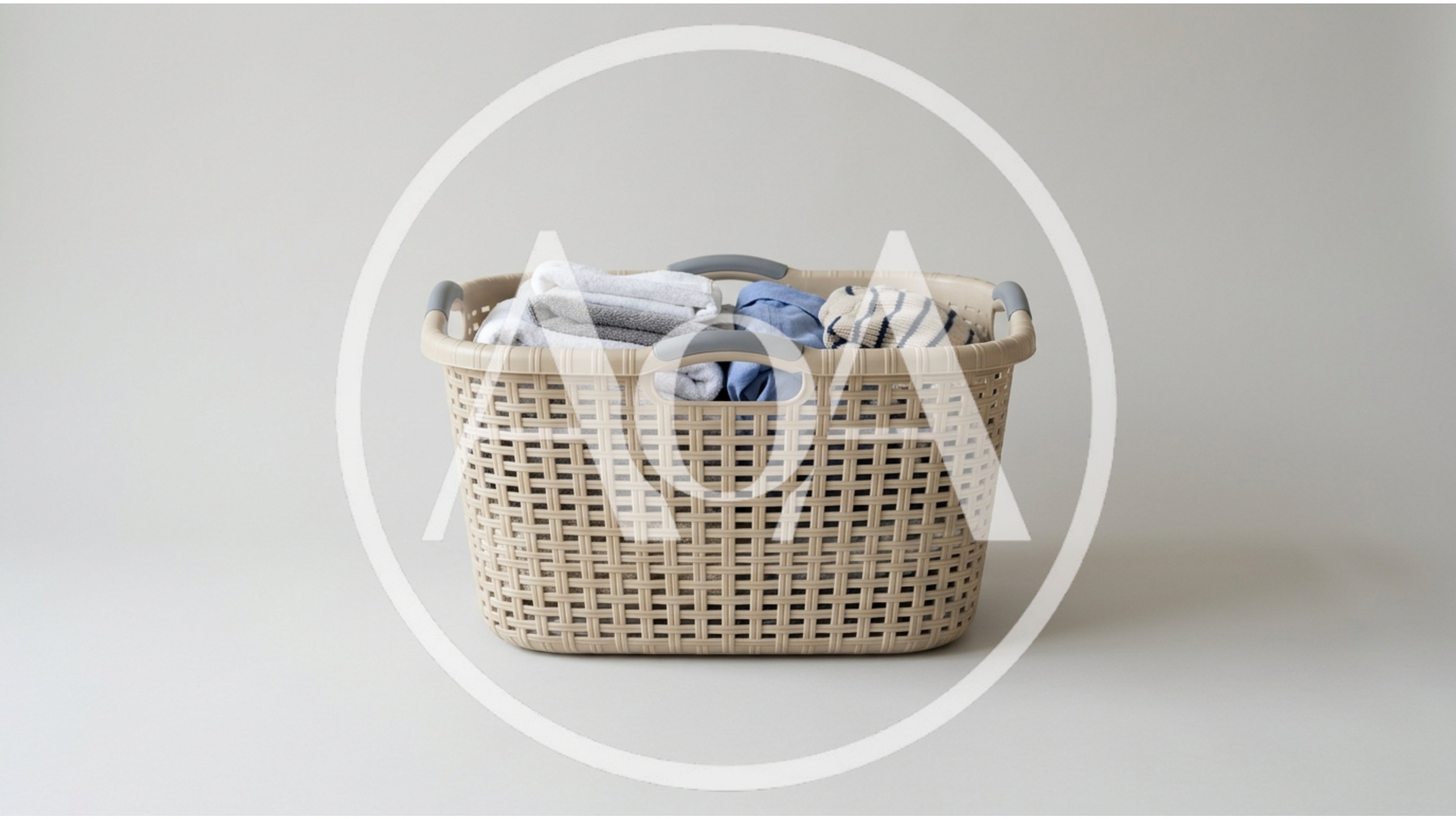 Beige Plastic Laundry Basket Filled With Folded Clothes