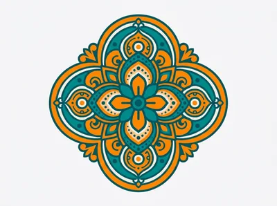 Symmetrical Floral Mandala Pattern In Teal And Orange