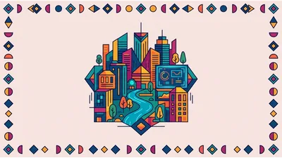 Modern Cityscape Illustration With Geometric Border