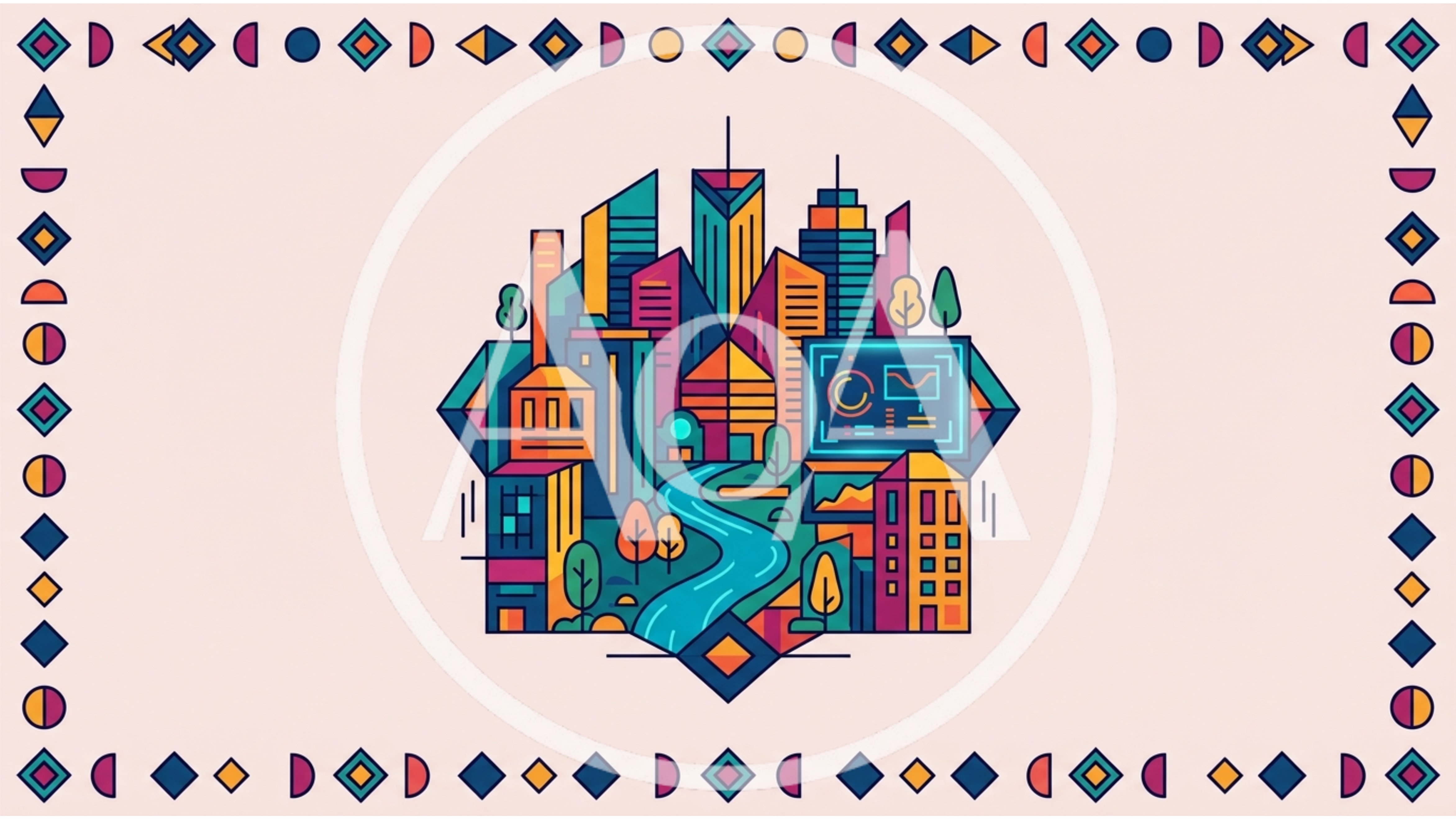 Modern Cityscape Illustration With Geometric Border