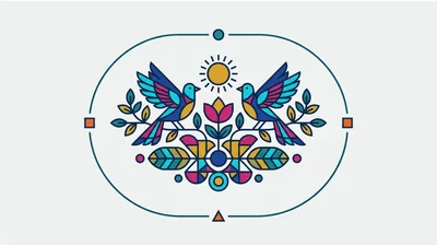 Symmetrical Folk Art Illustration With Birds And Flowers