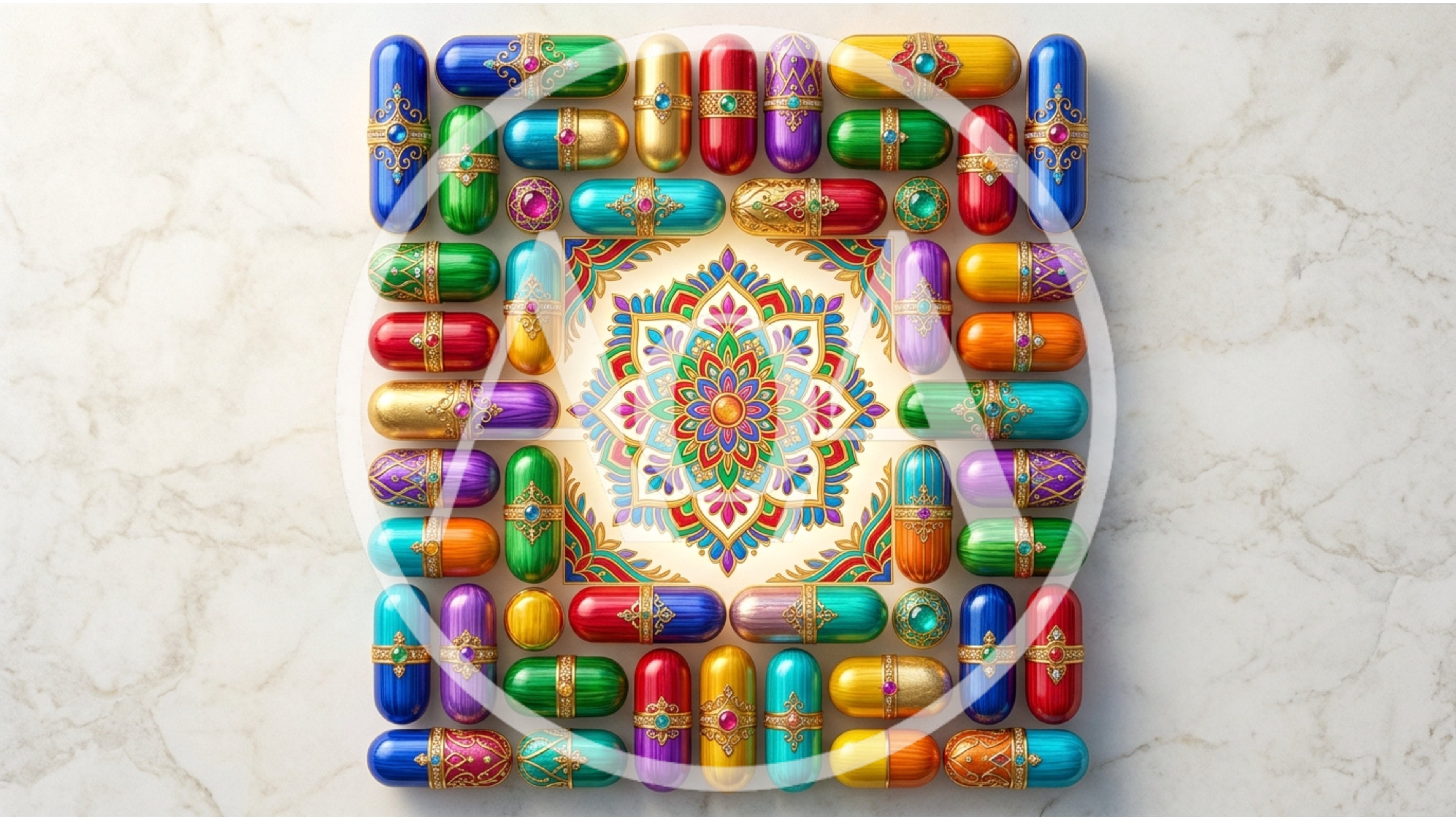 Ornate Colorful Capsules Arranged Around A Central Mandala