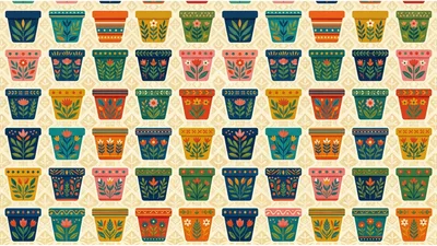 Seamless Pattern Of Colorful Folk Art Flower Pots