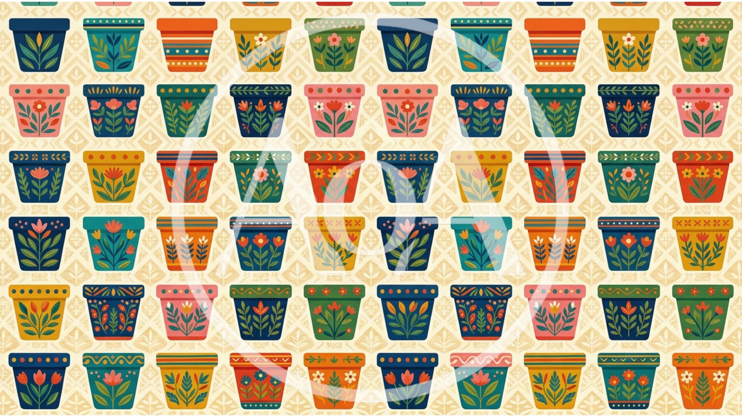 Seamless Pattern Of Colorful Folk Art Flower Pots