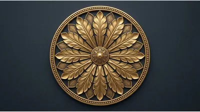Ornate Gold Circular Medallion With Leaf Pattern