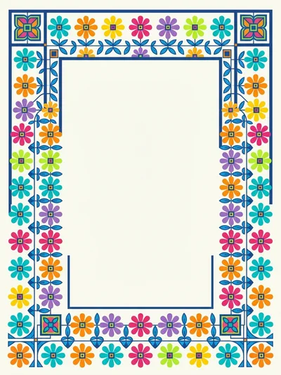 Decorative Floral Border Frame With Colorful Geometric Flowers