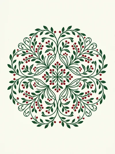 Symmetrical Christmas Holly Wreath Illustration