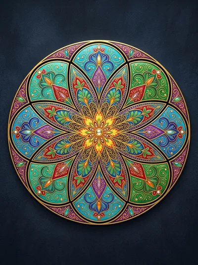 Intricate Colorful Mandala Art With Gold Filigree Details