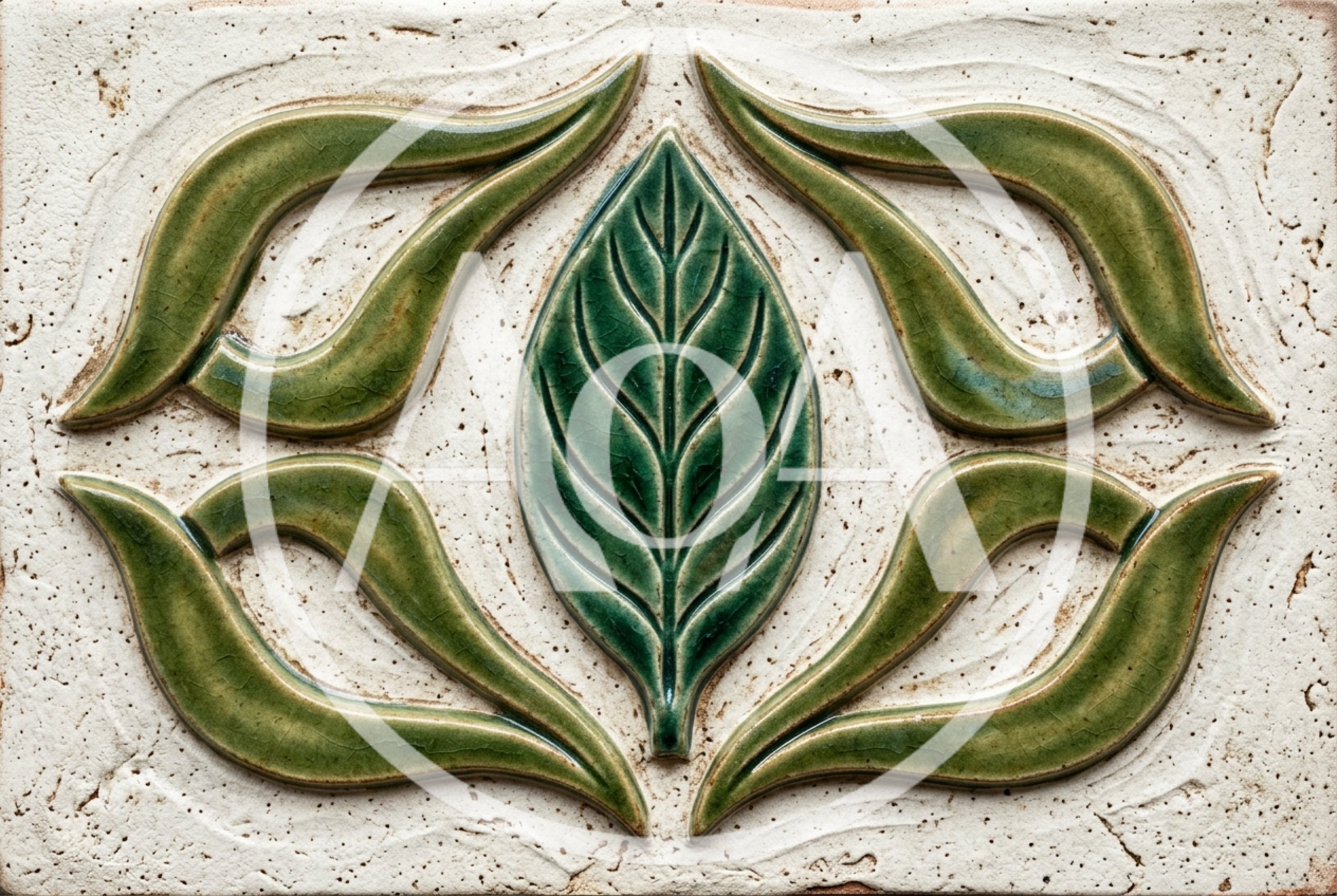 Decorative Ceramic Tile With Embossed Green Leaf Pattern