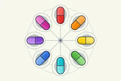 Colorful Medical Capsules Arranged In A Circular Pattern