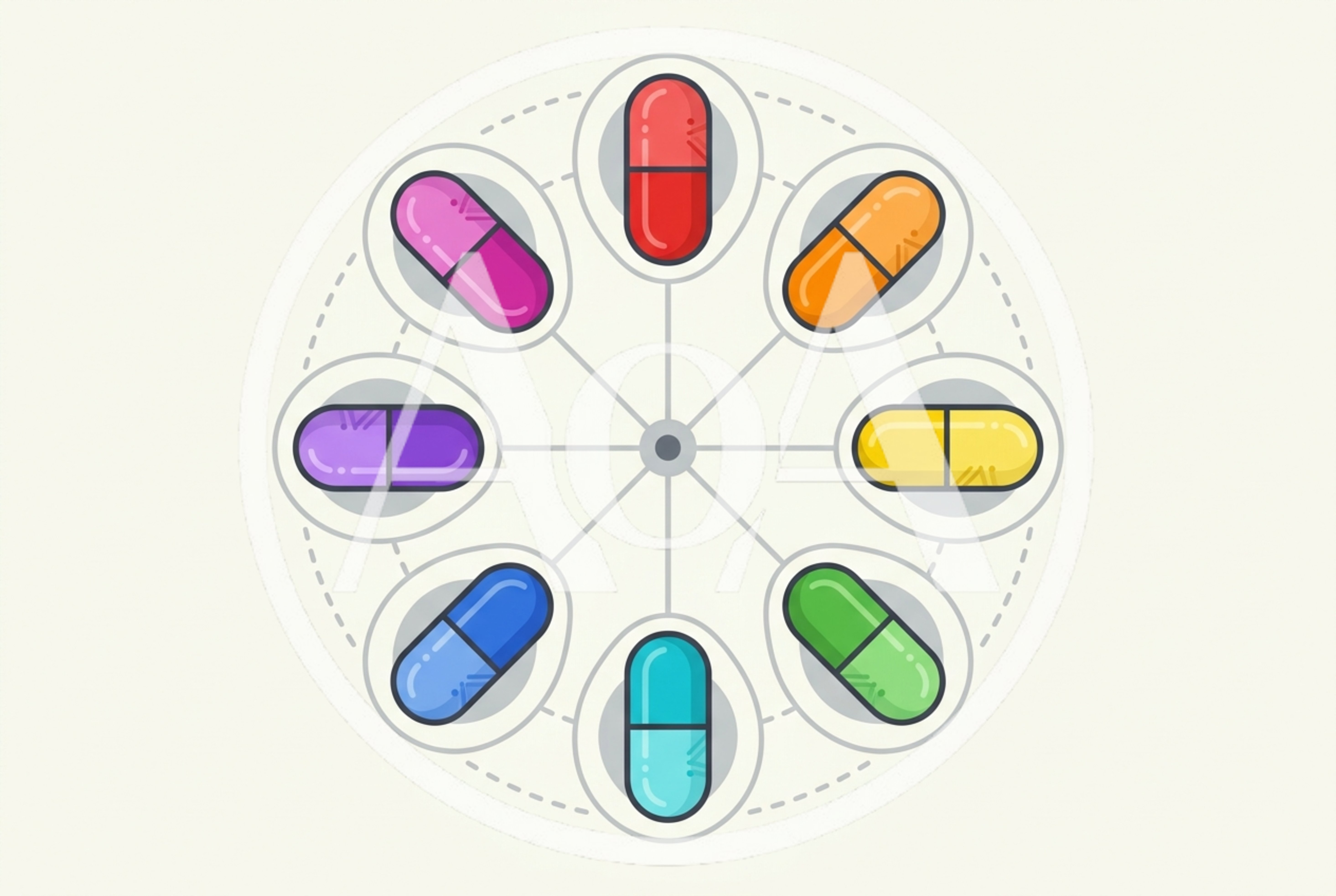 Colorful Medical Capsules Arranged In A Circular Pattern