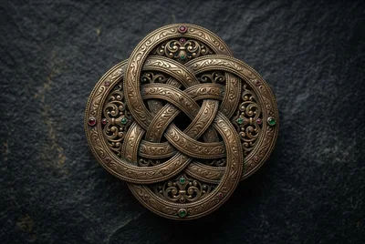 Intricate Bronze Celtic Knot Brooch On Dark Stone