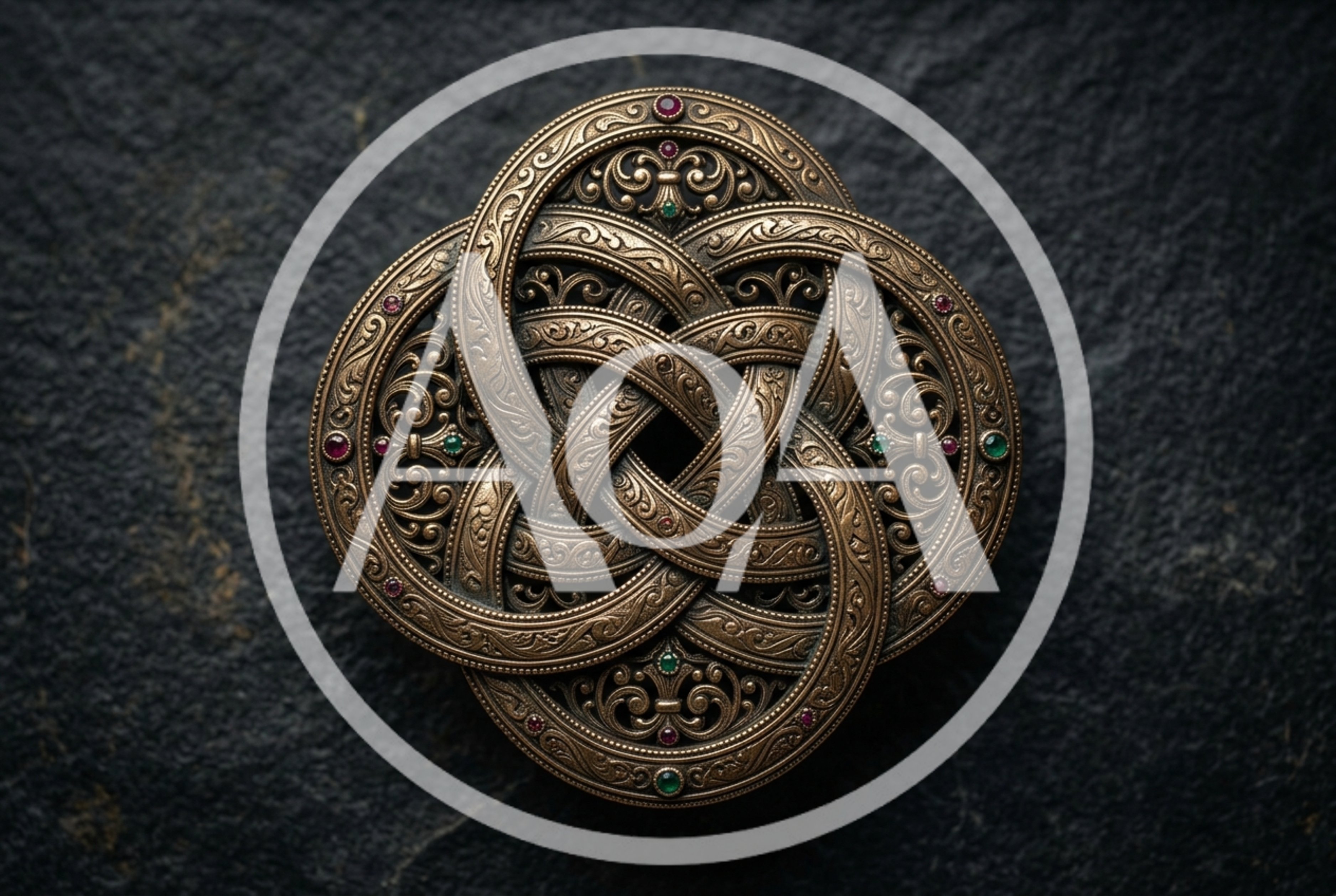 Intricate Bronze Celtic Knot Brooch On Dark Stone