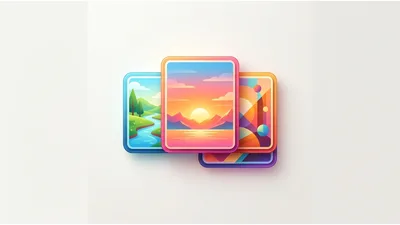 Stacked Digital Art Cards Featuring Colorful Landscape Illustrations