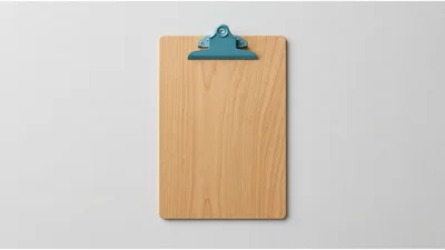 Wooden Clipboard With Teal Metal Clip On White Background