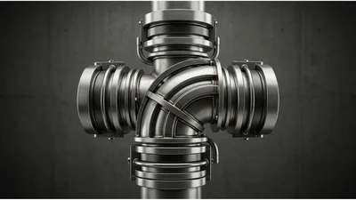 Industrial Metal Pipe Junction With Curved Elbow Connector