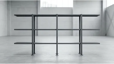 Minimalist Industrial Metal Shelving Unit In Empty Warehouse