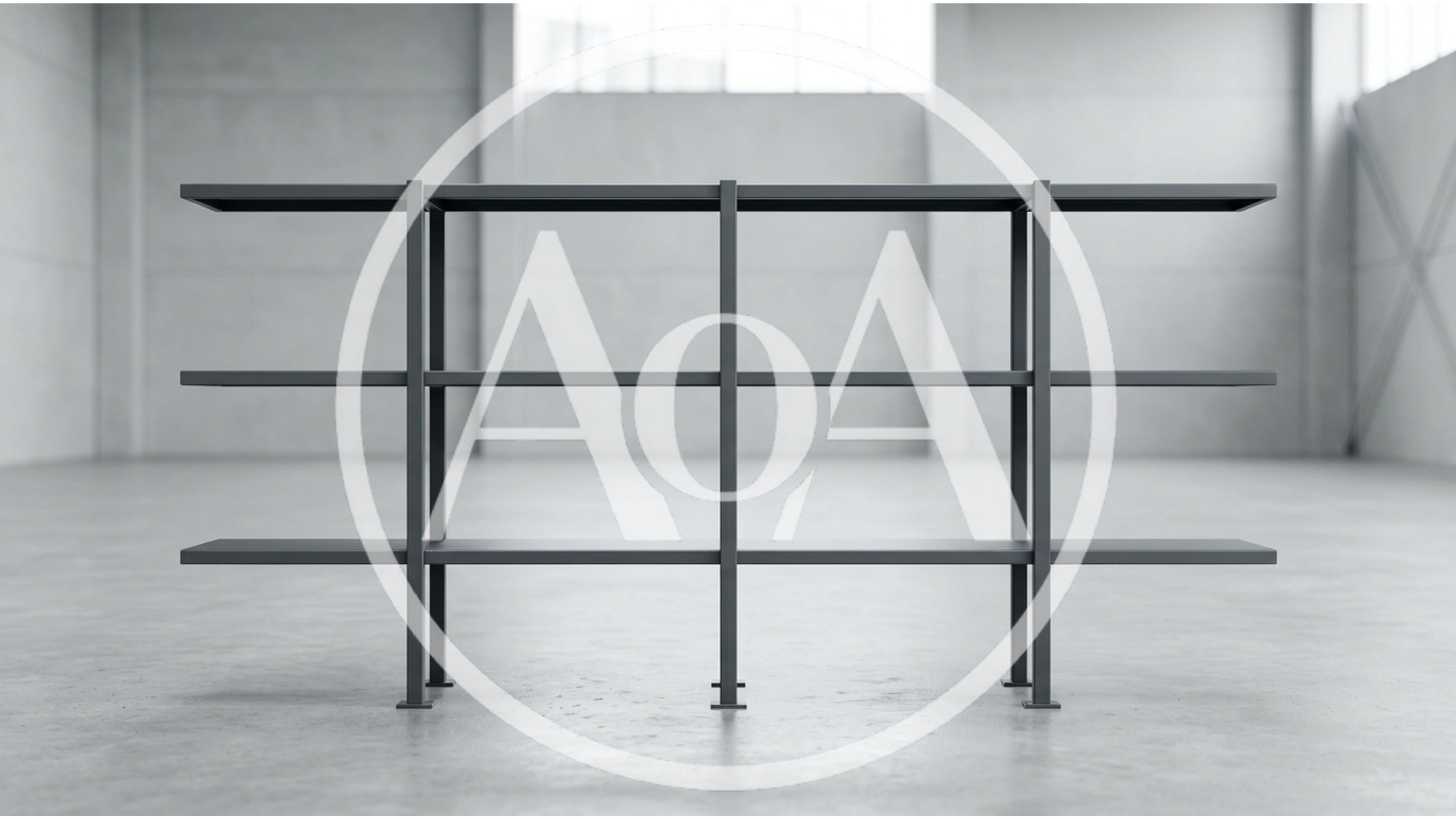 Minimalist Industrial Metal Shelving Unit In Empty Warehouse