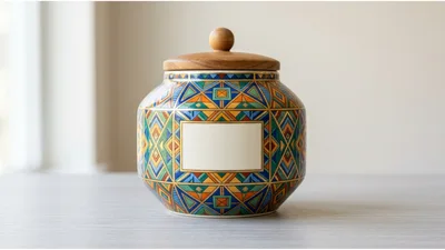 Decorative Ceramic Jar With Geometric Pattern And Wooden Lid
