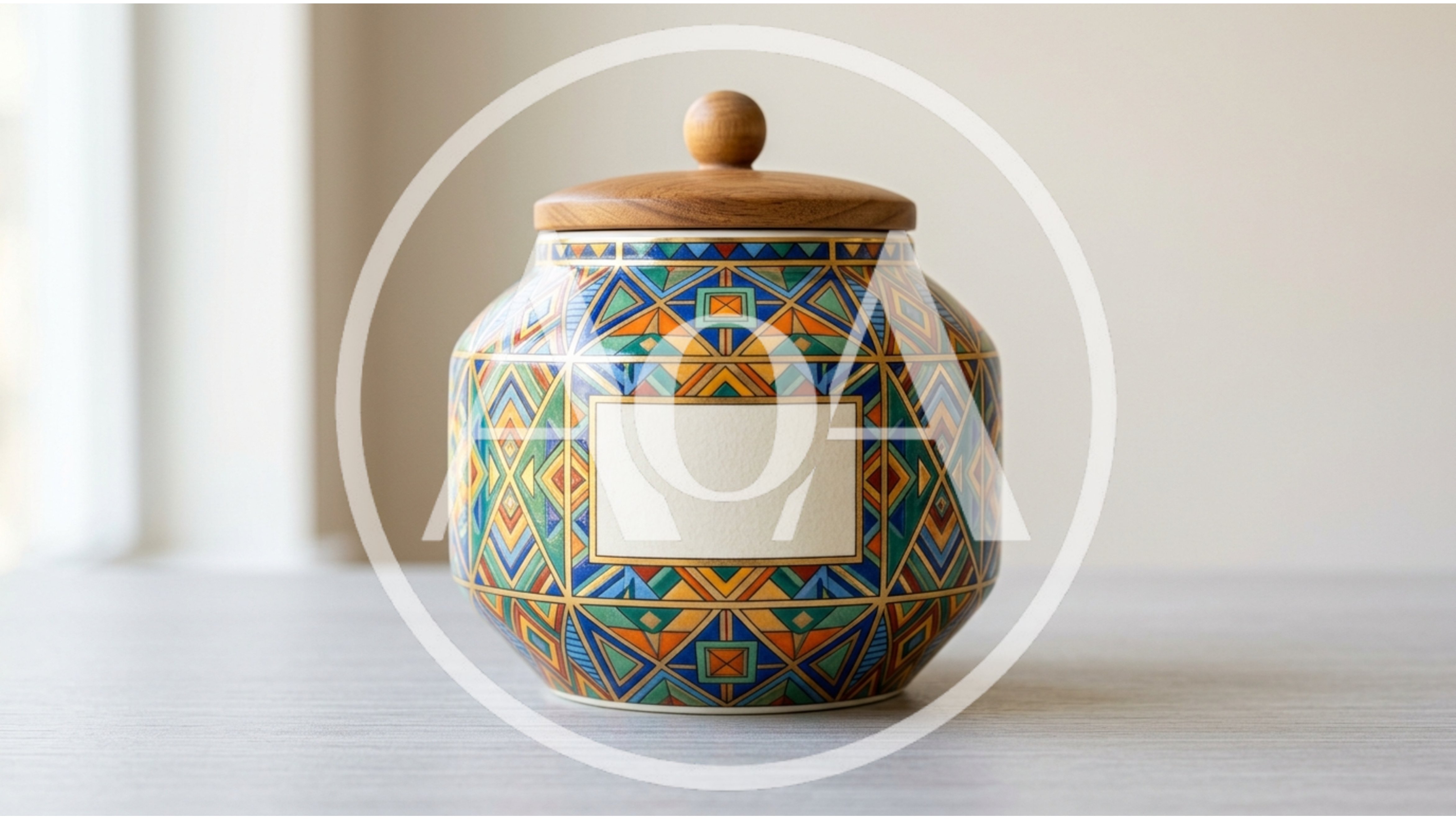 Decorative Ceramic Jar With Geometric Pattern And Wooden Lid