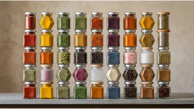 Stacked Glass Jars Filled With Assorted Colorful Spices