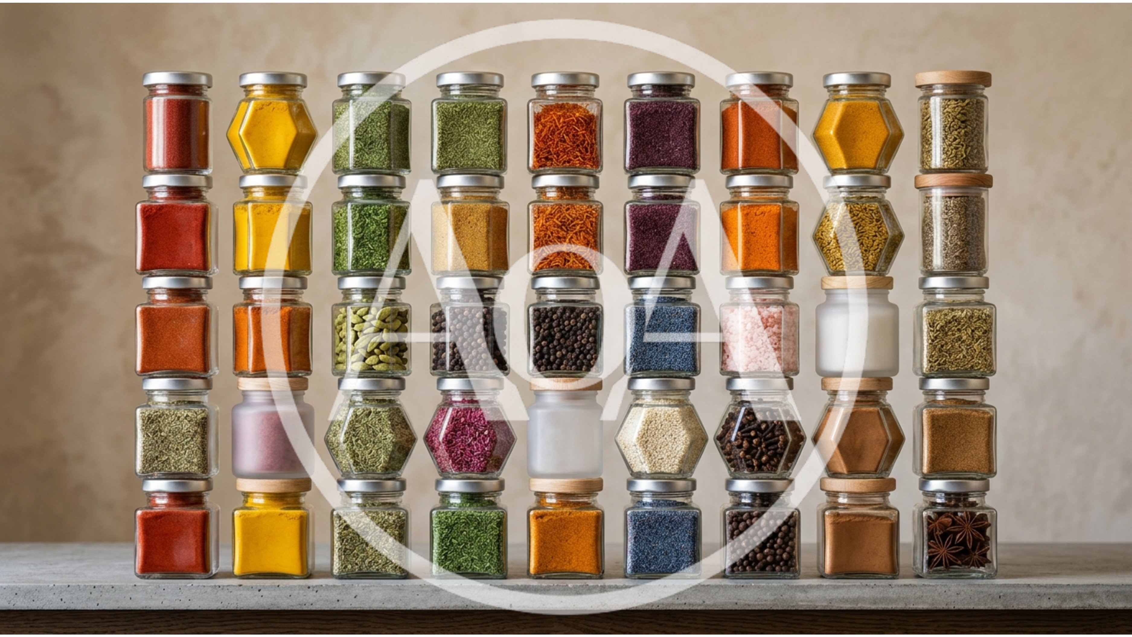 Stacked Glass Jars Filled With Assorted Colorful Spices