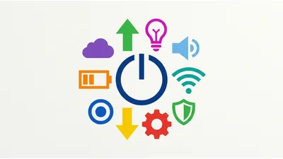 Digital Power Button Surrounded By Technology Icons