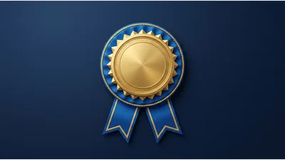 Golden Award Ribbon With Blue Fabric Rosette